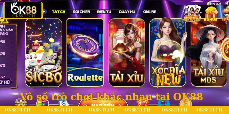 Người chơi có thể lựa chọn thỏa thích vô số trò chơi khác nhau tại trang chủ OK88